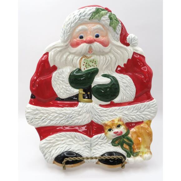 Fitz & Floyd Classics Santa Platter with Cat Ceramic Christmas Cookie Plate Tray - Picture 1 of 10